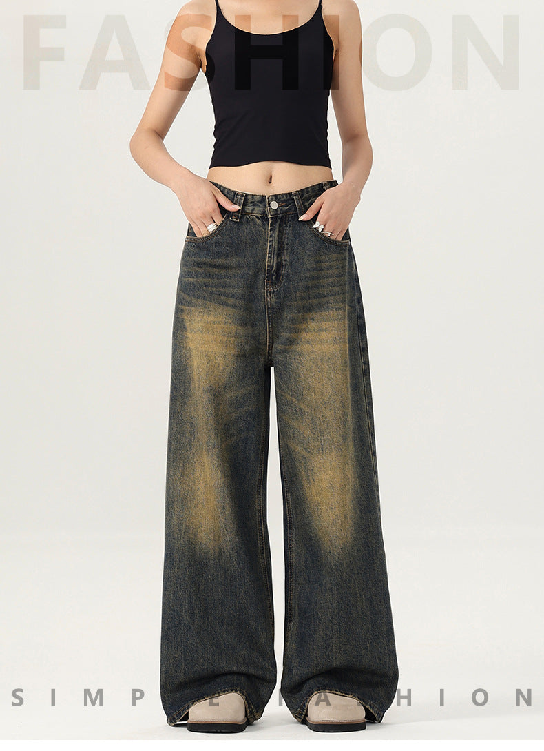 LKTM Men's# American Street Retro Mud Dyed Old Jeans Men's and Women's Trendy Brand Loose Straight Pants