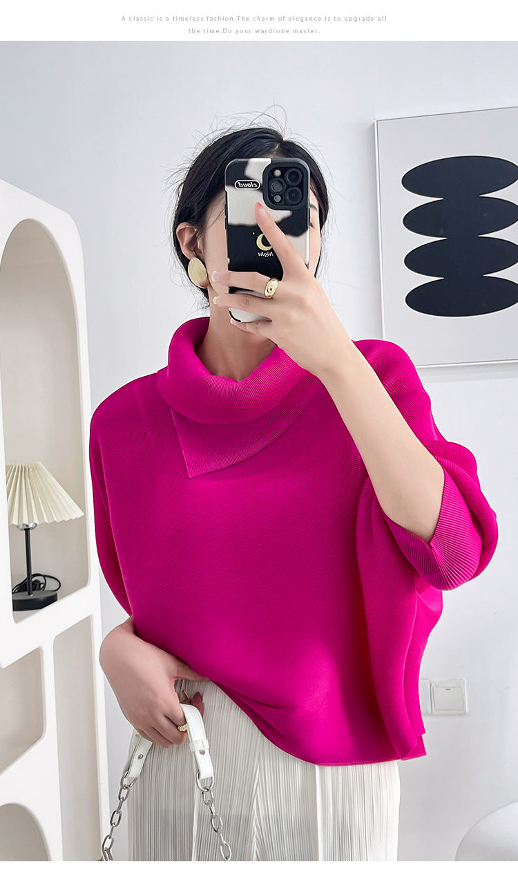 2026 Pleated Lapel Batwing Sleeve Top for Women, Spring and Autumn Style, Loose Fit, Plus Size, Long Sleeve, Pleated Solid Color Base Shirt T-Shirt