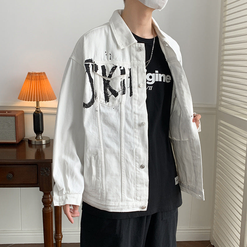 Autumn American graffiti letter printing handsome high street Denim jacket men and women couple all-match youth loose jacket