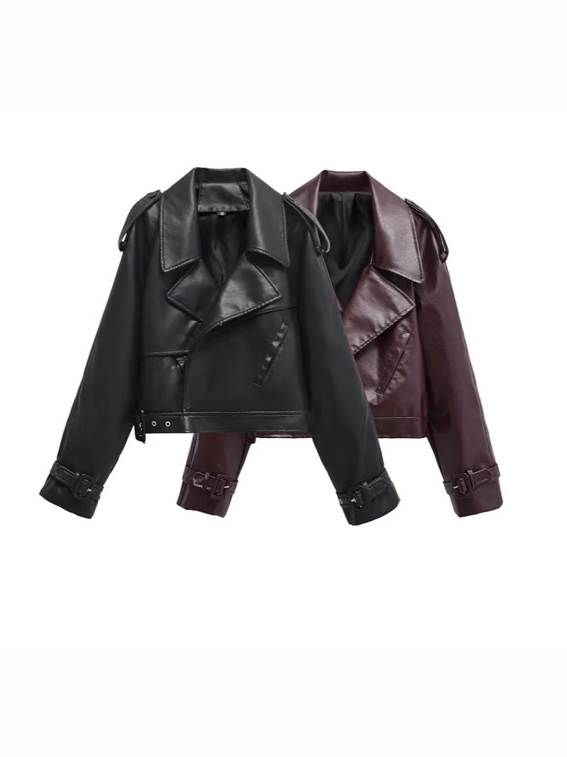European and American Style Deep Retro Lapel Imitation Leather Jacket Top Autumn and Winter New Street Style Loose Pure Color Casual Jacket for Women