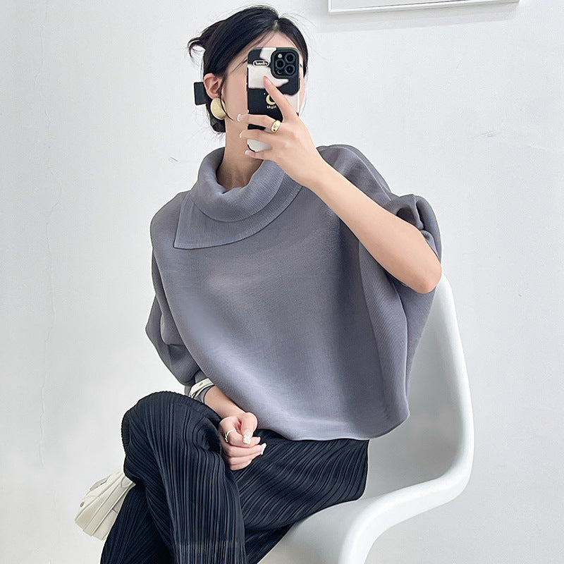 2026 Pleated Lapel Batwing Sleeve Top for Women, Spring and Autumn Style, Loose Fit, Plus Size, Long Sleeve, Pleated Solid Color Base Shirt T-Shirt