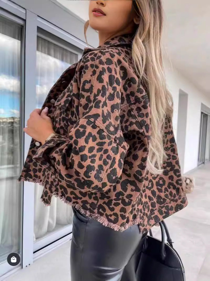 2024 Amazon Europe and the United States cross-border explosions tide washed old leopard print fur Denim coat women's jacket
