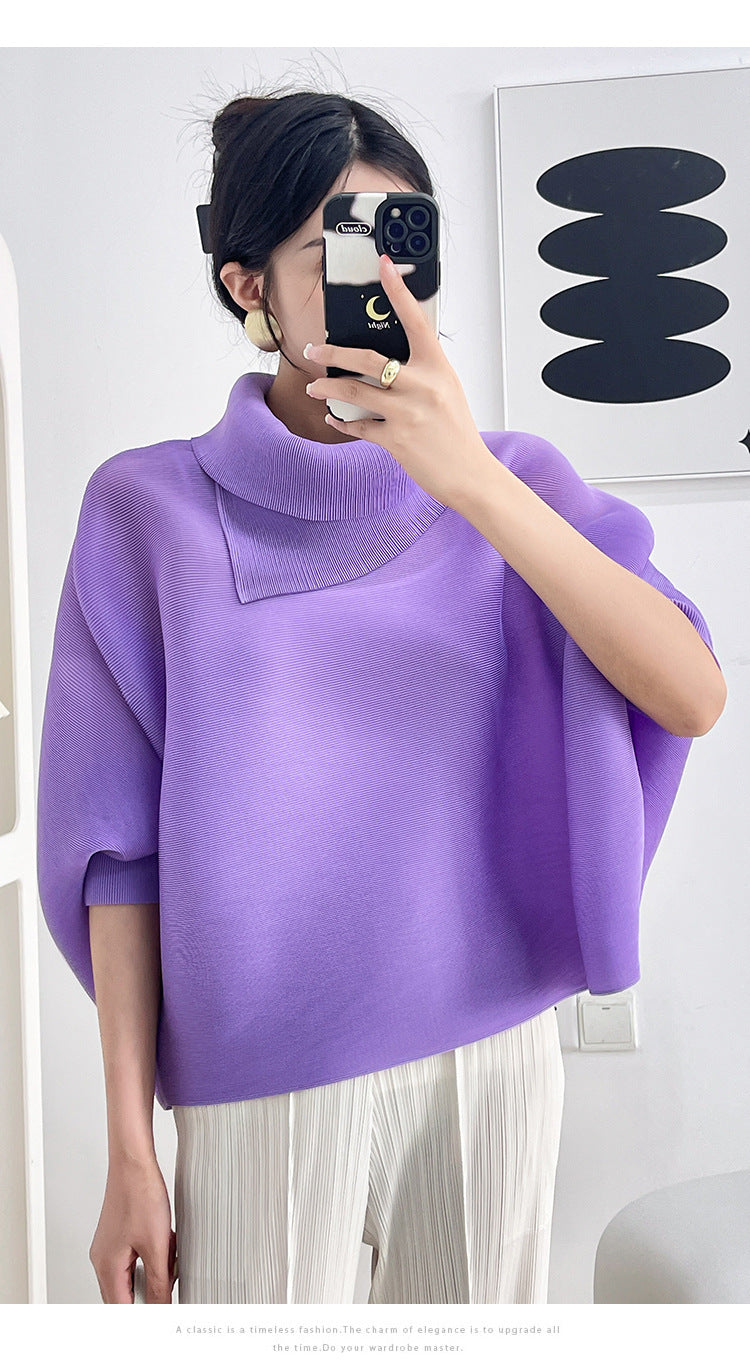 2026 Pleated Lapel Batwing Sleeve Top for Women, Spring and Autumn Style, Loose Fit, Plus Size, Long Sleeve, Pleated Solid Color Base Shirt T-Shirt