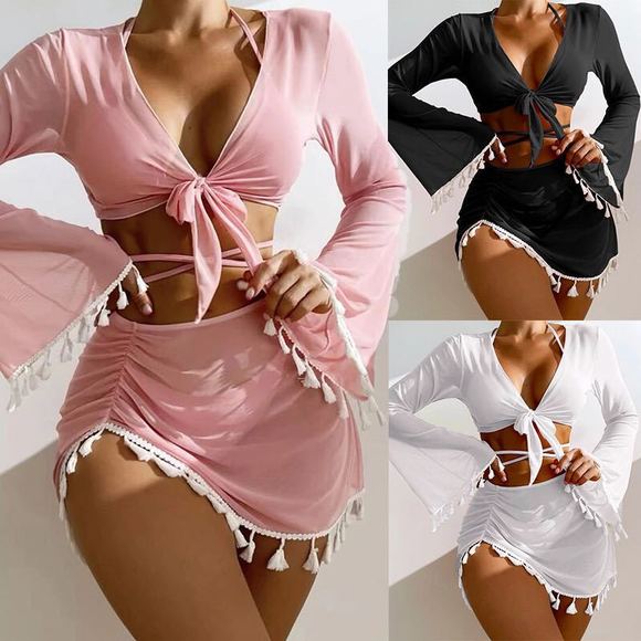 2026 Tassel Mesh Cover-Up Short Skirt Four-Piece Bikini New Thai Ins Style Cross-Border Solid Color Swimsuit for Women
