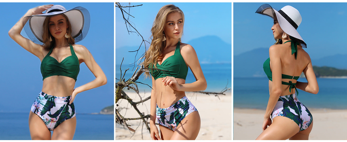 New Amazon Cross-border High Waist Neck Printed Strap Tankini Split Swimsuit European and American Slim Bikini