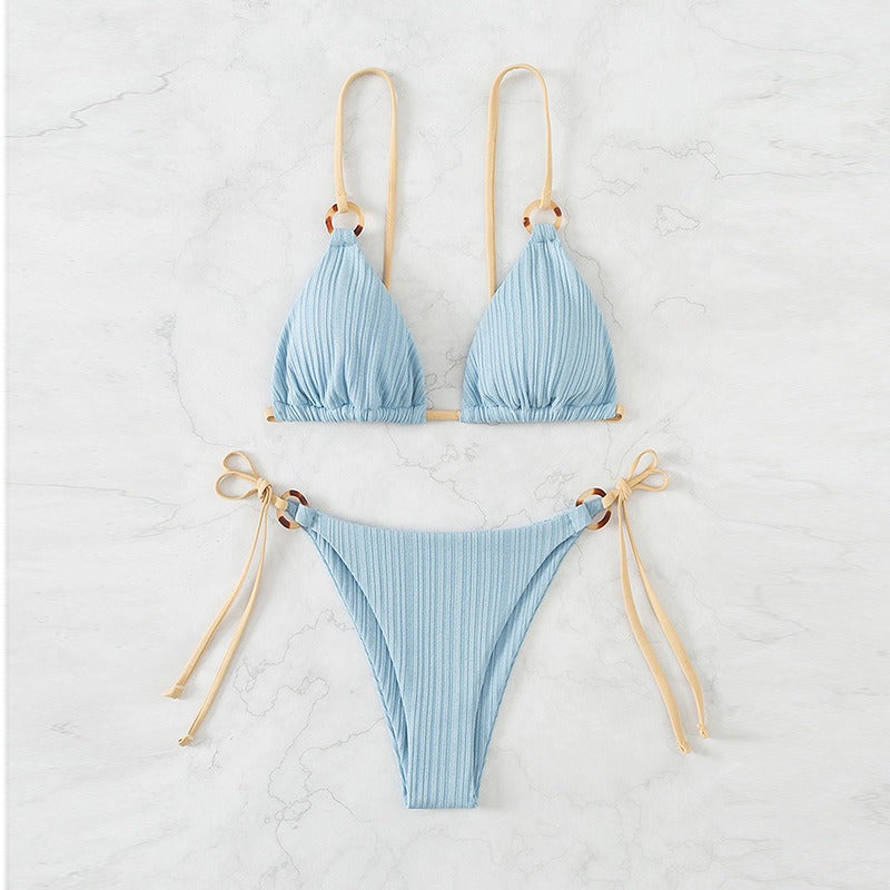 2024 New Ins Swimsuit for Women Split Bikini Two-Piece Set Fairy Style Sexy Pure Color Lace-Up Swimsuit for Women