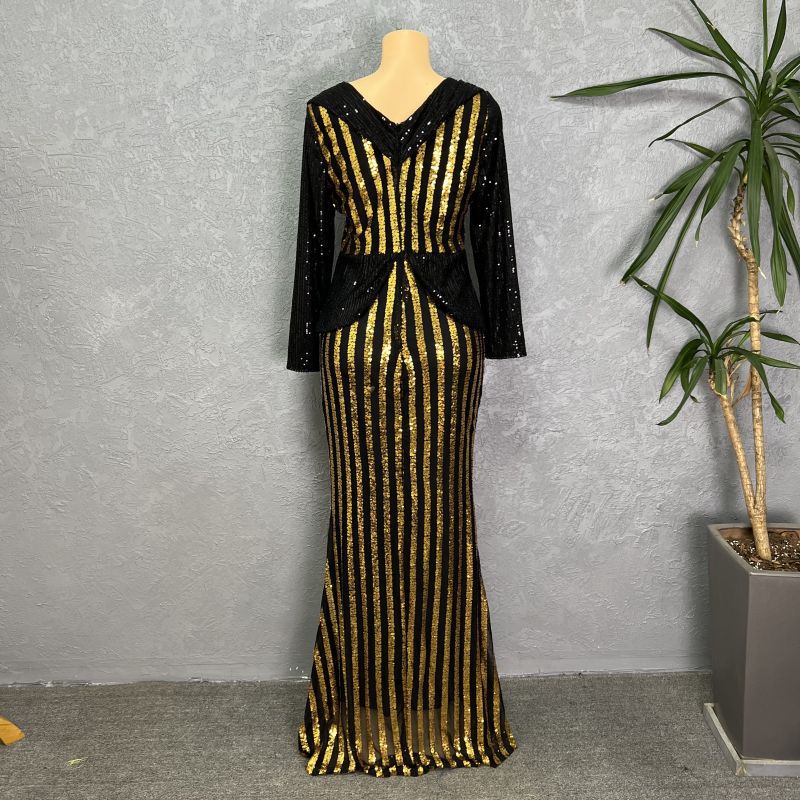 Africa Cross-border 2023 New Sequins Fashion Women's Seven-sleeve Fishtail Long Dress Sleeve Fashion Evening Wear Europe and America