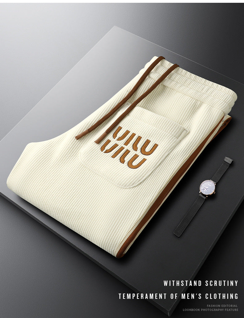 Light Luxury creamy-white fleece-lined Thickened Corduroy Casual Pants Men's Slim-fit Small Straight Pants Autumn and Winter Men's Sports Pants