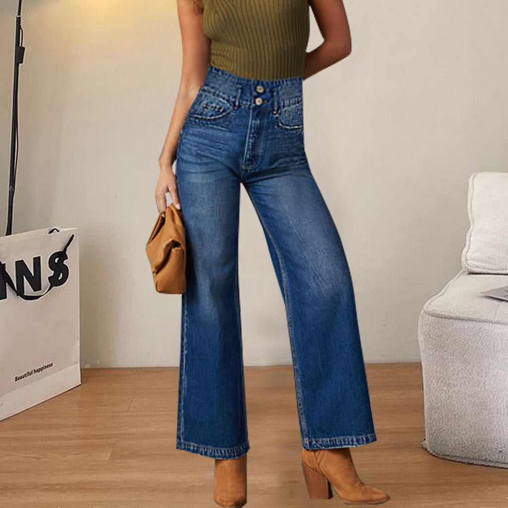 Amazon Aliexpress Cross-Border European and American Mid-Waist Comfortable Straight-Leg Denim Pants Women's Clothing Source Factory