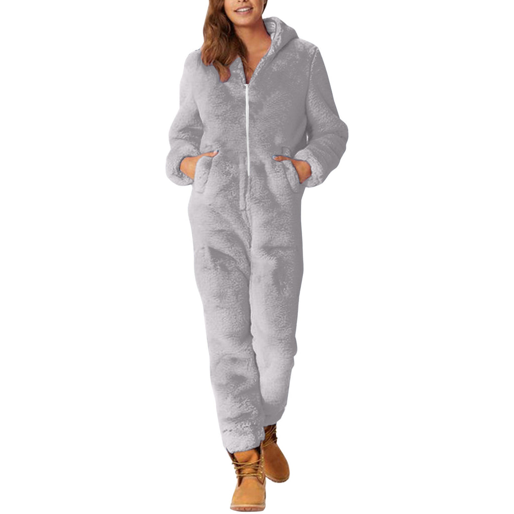 2022 Cross-border Europe and America Amazon Solid Color Thickened Double-sided Fleece Hooded Jumpsuit Casual Couple Home Wear