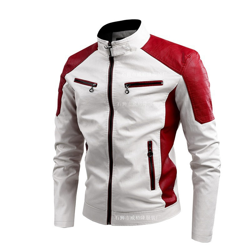 Foreign Trade Cross-border Leather Jacket Color Collar PU Leather Biker Jacket Spring and Autumn Thin Casual Leather Jacket for Men ebay