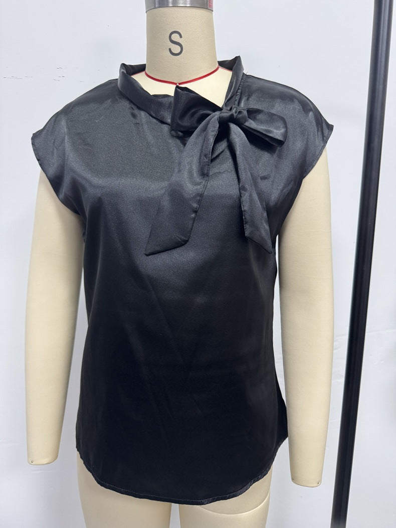 Half Open Collar Bow Satin Top Niche Design Satin Women's Clothing Amazon Cross-border European and American New T-shirt