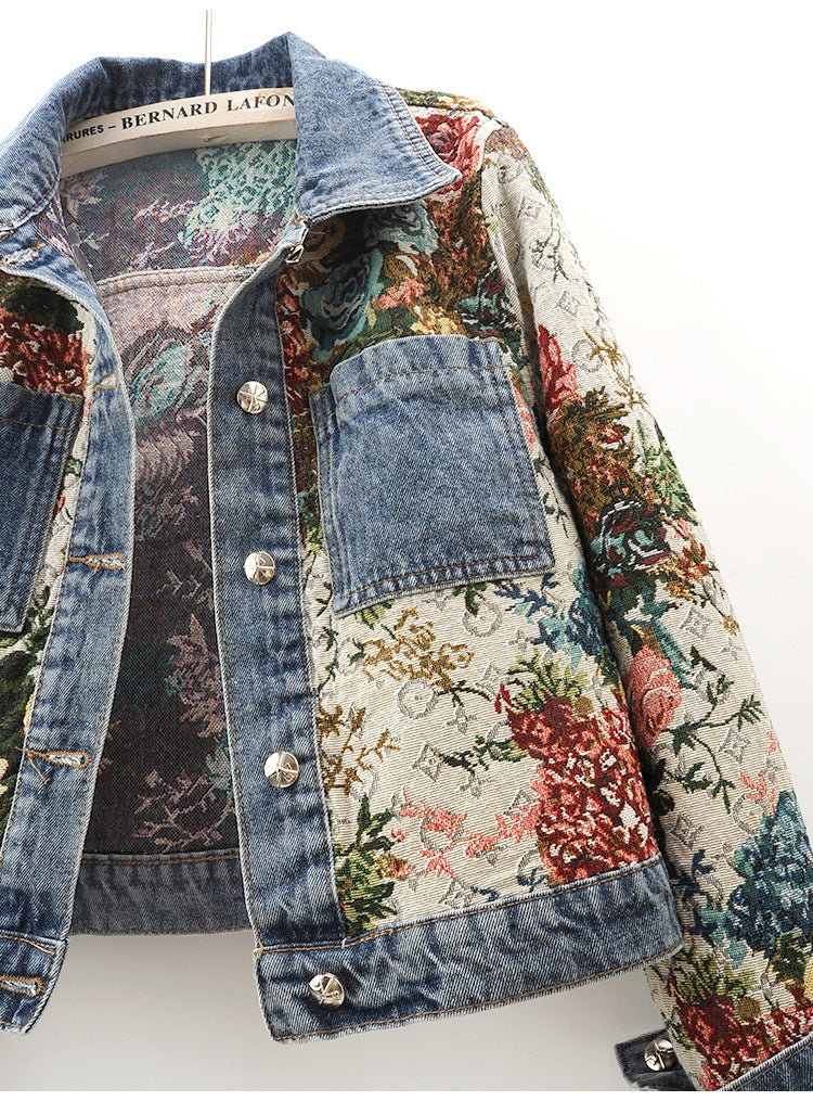 2024 Spring New All-match Printed Stitching Long Sleeve Lapel Denim Coat Women's Short Small Top Jacket