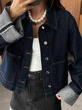 European and American Women's Original Color Denim Rolled Edge Long Sleeves Non-Elastic Casual Denim Jacket