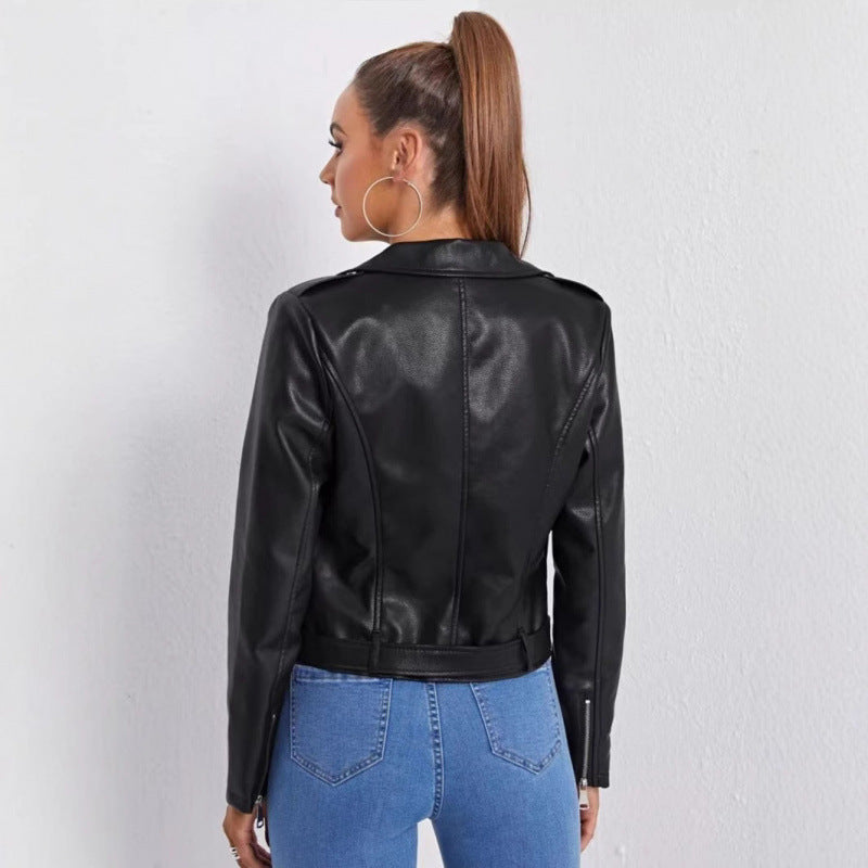 Cross-Border European and American Fashion Motorcycle-Style Pu Leather Jacket, New Autumn Model with Turn-Down Collar and Belt Decoration, Short Pu Leather Coat for Women