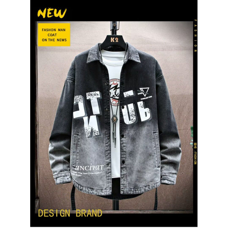 Black American Style Denim Jacket Men's Spring and Autumn New Fashion Brand Loose Printed Retro Jacket for Boys