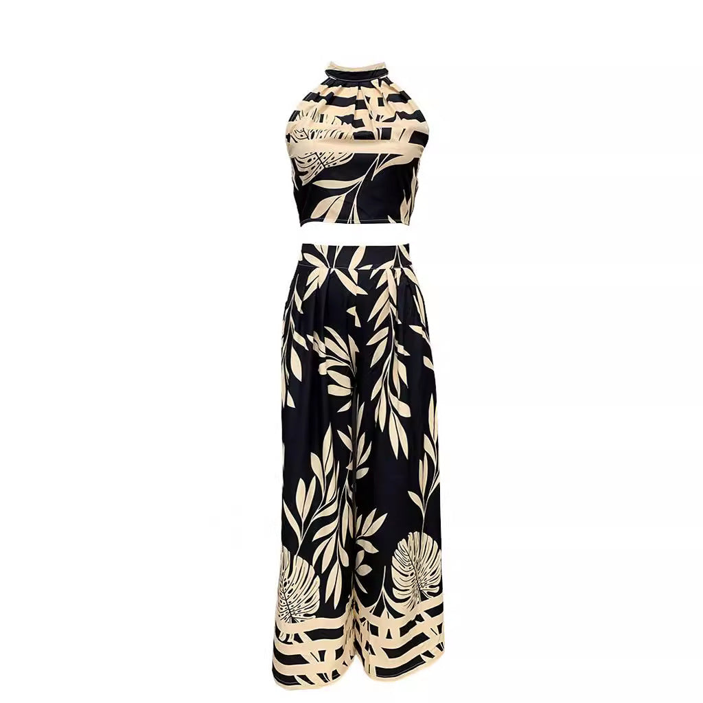 LN1146 in stock 2024 Spring and Summer New Cross-border Women's Fashion Elegant Printed Neck Backless Straight Pants Two-piece Set