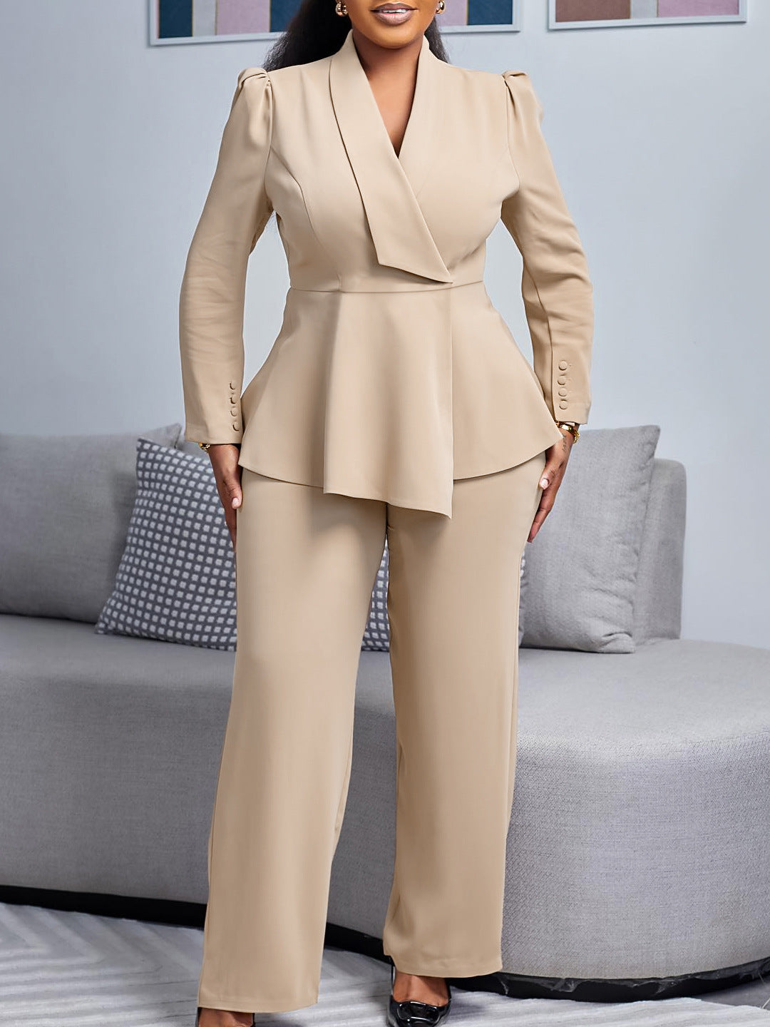 D549 European and American Clothing Winter New Fashion Elegant Elegant Ol Ruffle Top Wide Leg Pants Fashionable African Suit