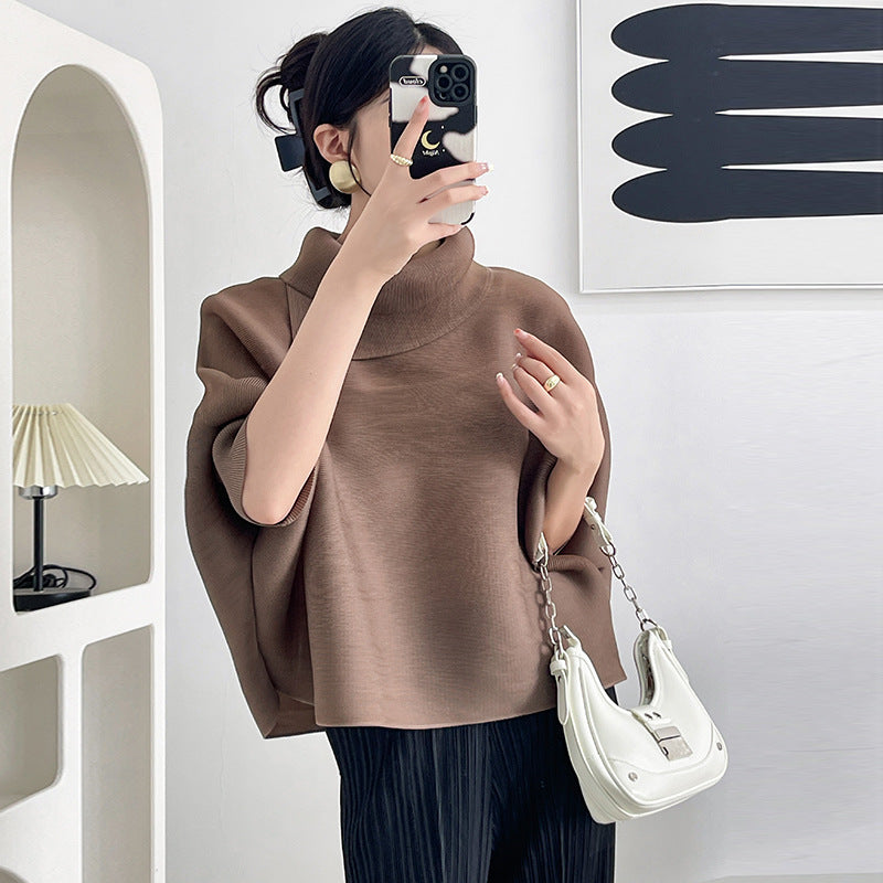 2026 Pleated Lapel Batwing Sleeve Top for Women, Spring and Autumn Style, Loose Fit, Plus Size, Long Sleeve, Pleated Solid Color Base Shirt T-Shirt
