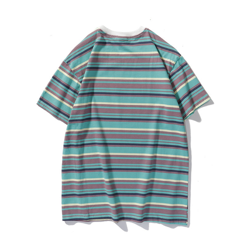 Japanese-Style Casual Striped Short-Sleeve T-Shirt Summer 2026 Loose Versatile Ins Trendy Brand Couple's Outfit Round Neck Loose Fit