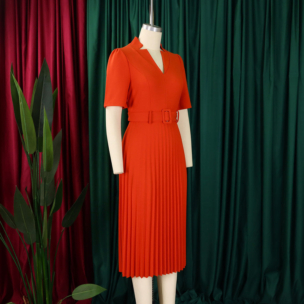 D563 Foreign Trade Cross-border Women's Clothing Summer New Short-sleeved V-neck Pleated High Waist Fashion Elegant Waist African dress