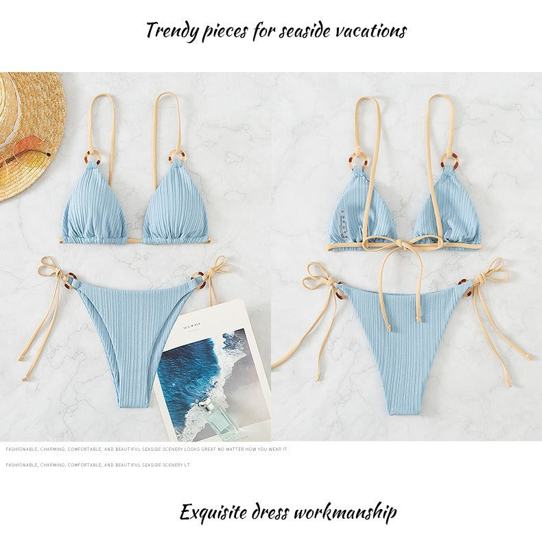 2024 New Ins Swimsuit for Women Split Bikini Two-Piece Set Fairy Style Sexy Pure Color Lace-Up Swimsuit for Women