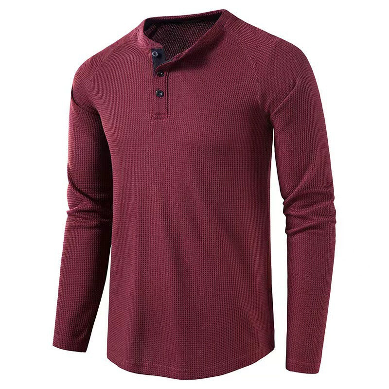 2023 Autumn and Winter Cross-border Amazon Men's T-shirt European and American Foreign Trade Men's Solid Color Long Sleeve Waffles Henry Shirt