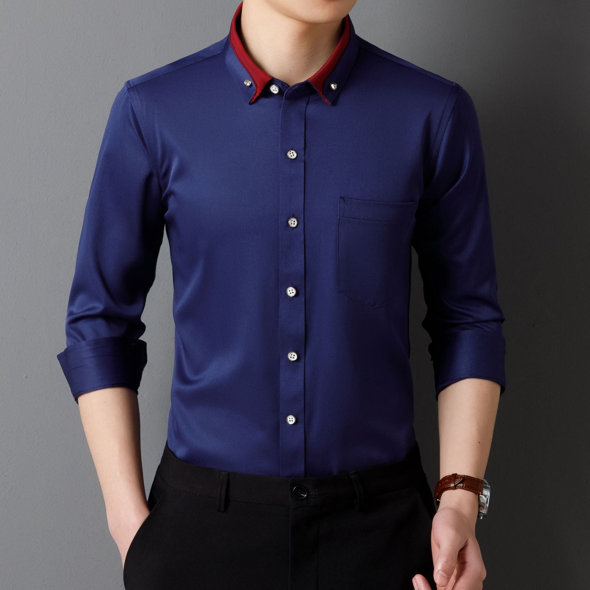 Business Shirts, Long-Sleeved Men's Shirts, No-Iron, Four-Way Stretch, Diamond Button Shirts, Men's Long-Sleeved Shirts