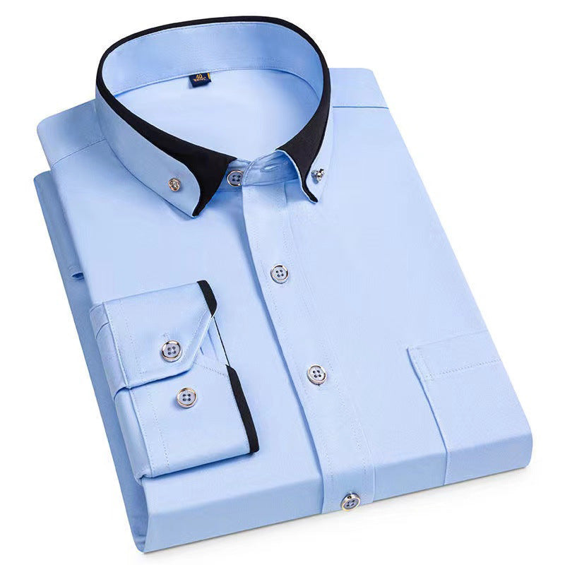 Business Shirts, Long-Sleeved Men's Shirts, No-Iron, Four-Way Stretch, Diamond Button Shirts, Men's Long-Sleeved Shirts