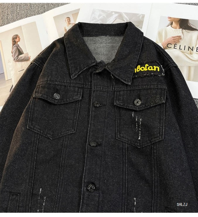 2025 Black Denim Jacket Men's Spring and Autumn Korean Style Trendy Retro Jacket Trendy Brand Letter Print Jacket