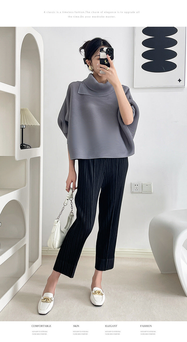 2026 Pleated Lapel Batwing Sleeve Top for Women, Spring and Autumn Style, Loose Fit, Plus Size, Long Sleeve, Pleated Solid Color Base Shirt T-Shirt