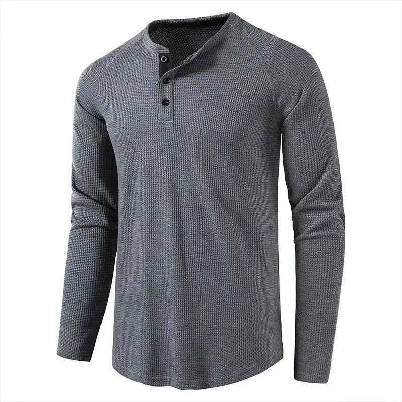 2023 Autumn and Winter Cross-border Amazon Men's T-shirt European and American Foreign Trade Men's Solid Color Long Sleeve Waffles Henry Shirt