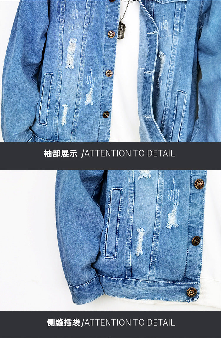 LAZADA New Foreign Trade Men's Jacket Spring and Autumn light blue Fashion Men's Slim-fit Printed Ripped Denim Jacket for Men