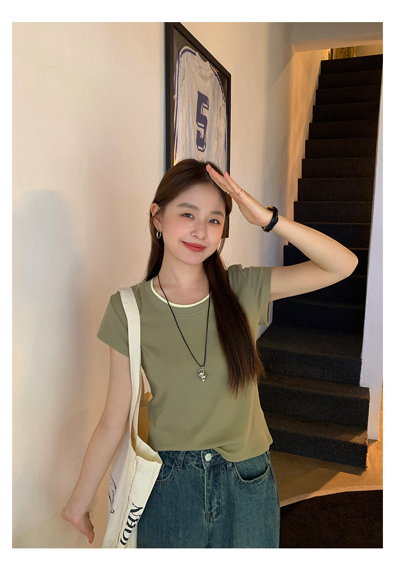 Huangyi Korean Double-Layer Collar Fake Two-Piece Short-Sleeved T-Shirt for Women 2025 Summer Short Slim Right Shoulder Top 142Th419
