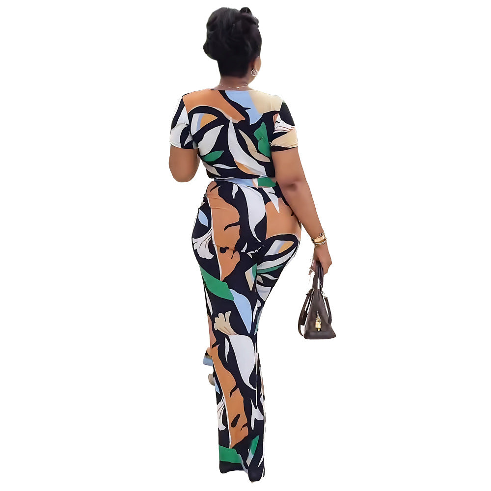 10266 Cross-border European and American Amazon Printed Slim-fit Short-sleeved Casual Elegant High Waist Pants suit Two-piece Set