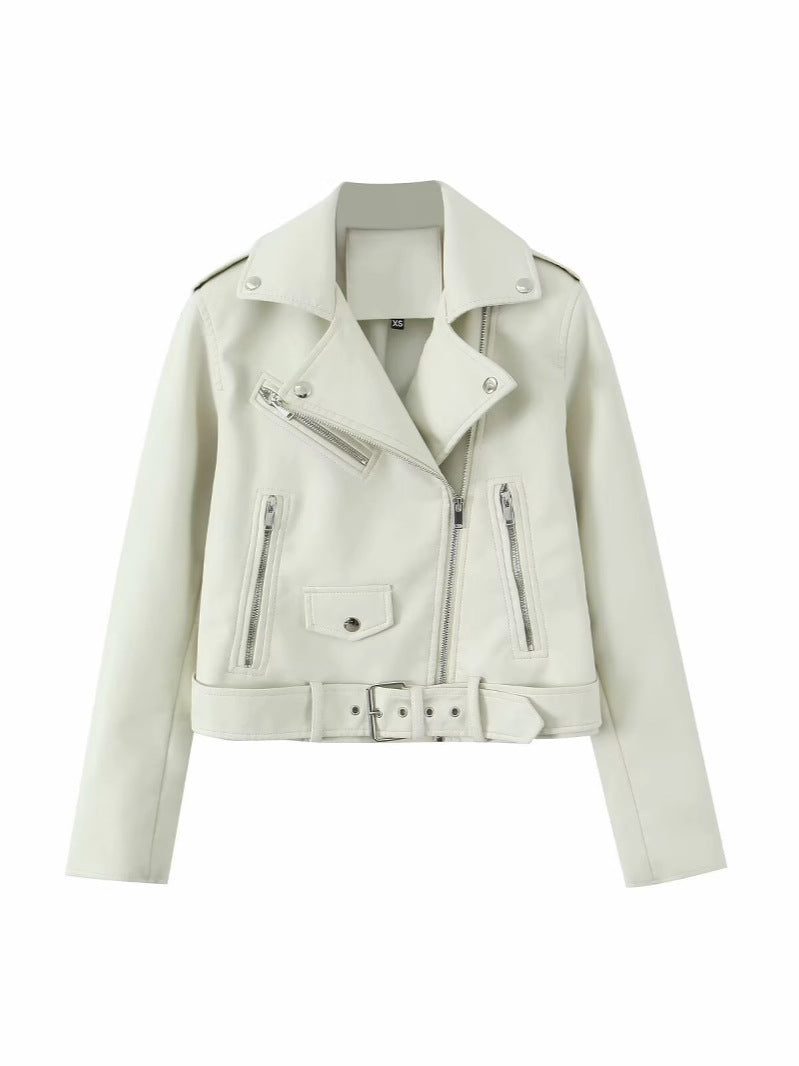 Cross-Border Wholesale European and American Motorcycle Style Pu Leather Jacket Autum New Lapel Belt Decorative Short Pu Leather Jacket for Women