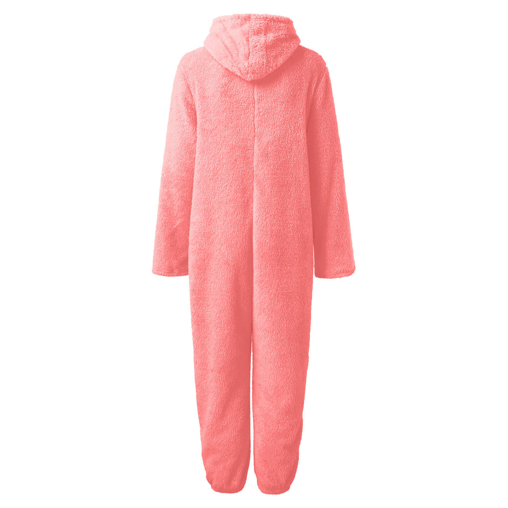 2022 Cross-border Europe and America Amazon Solid Color Thickened Double-sided Fleece Hooded Jumpsuit Casual Couple Home Wear