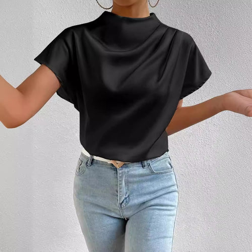2026 Cross-Border Hot-Selling New Product Round Neck Short-Sleeve Left Shoulder Ruched T-Shirt Satin Women's Top Wholesale in Stock