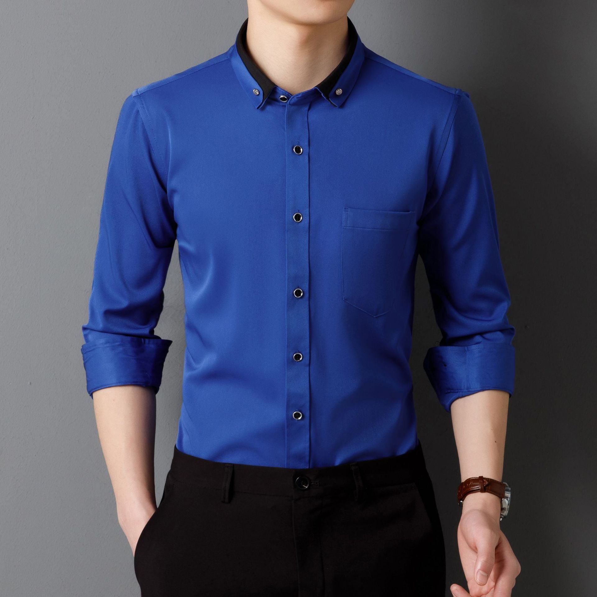 Business Shirts, Long-Sleeved Men's Shirts, No-Iron, Four-Way Stretch, Diamond Button Shirts, Men's Long-Sleeved Shirts