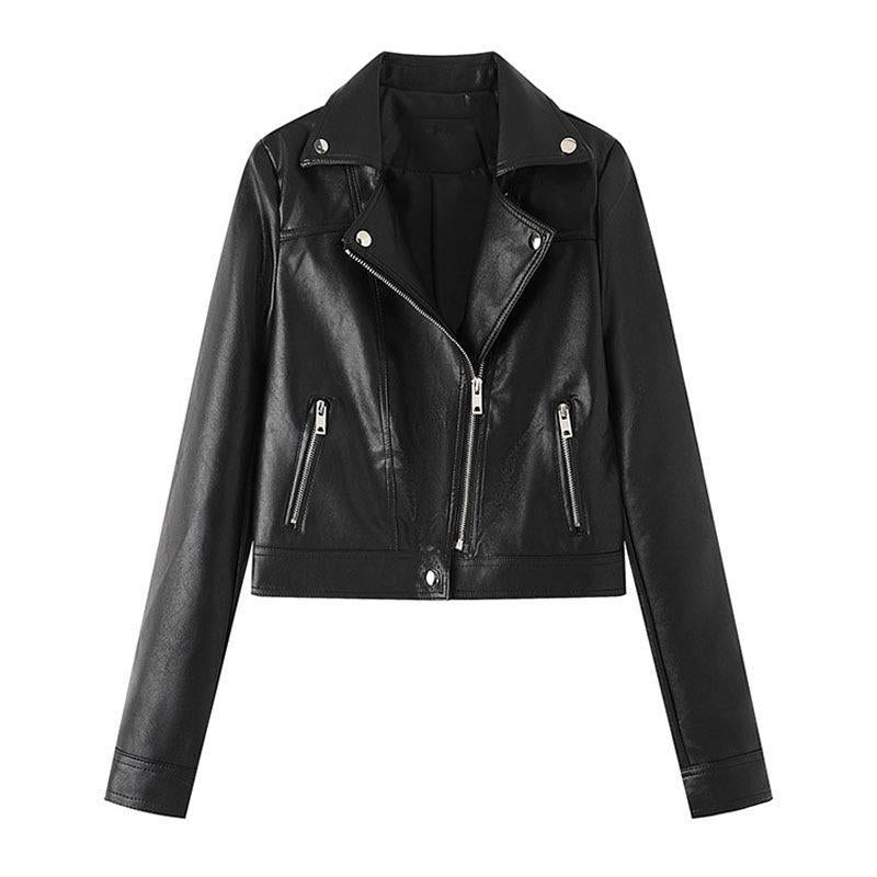 Spring New Long-Sleeved Zipper Suit Collar Solid Color Temperament Motorcycle Jacket Leather Jacket for Women
