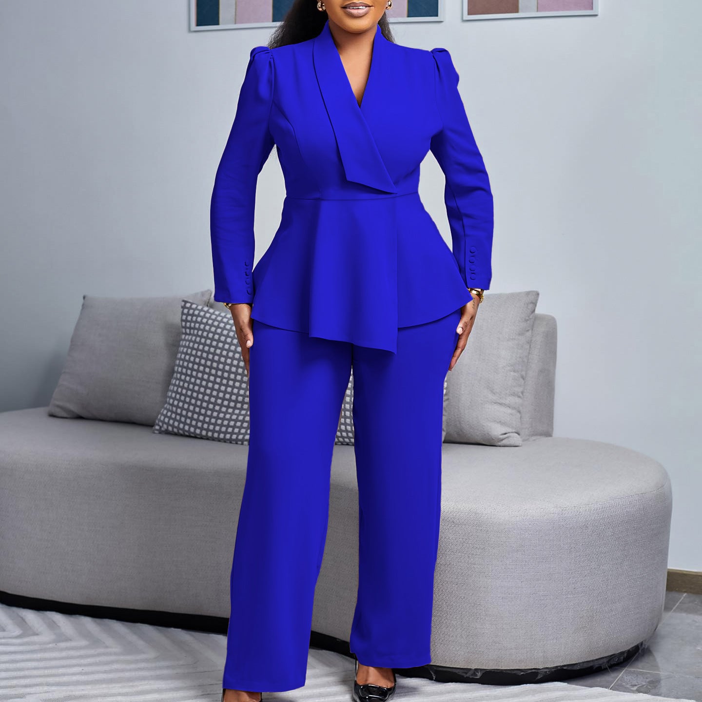 D549 European and American Clothing Winter New Fashion Elegant Elegant Ol Ruffle Top Wide Leg Pants Fashionable African Suit