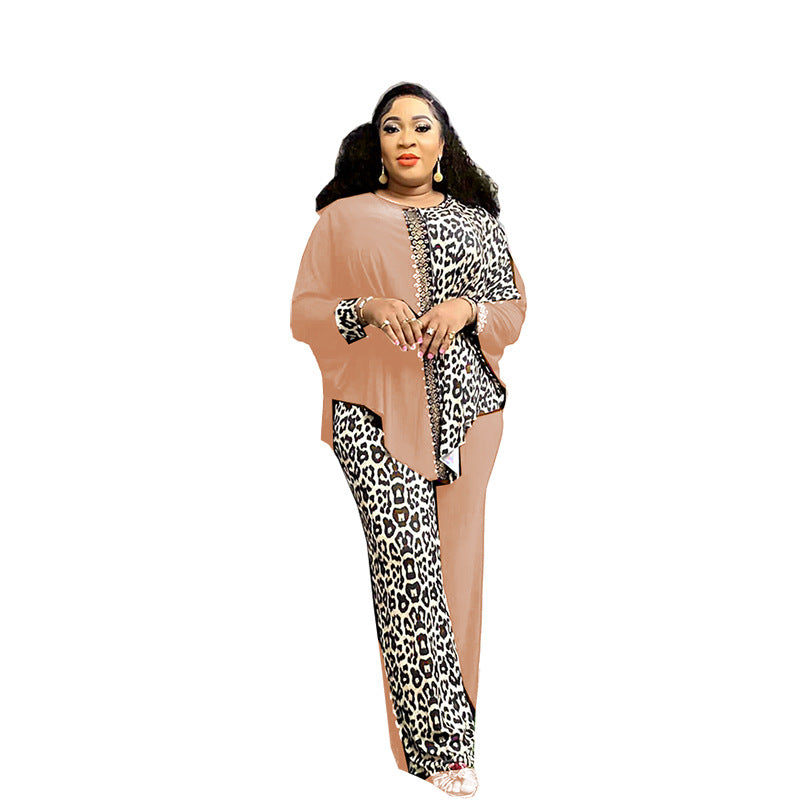 Cross-border Foreign Trade Europe, America and Africa plus size Loose Bat Sleeve Leopard Color Matching Rhinestone Top Pants suit