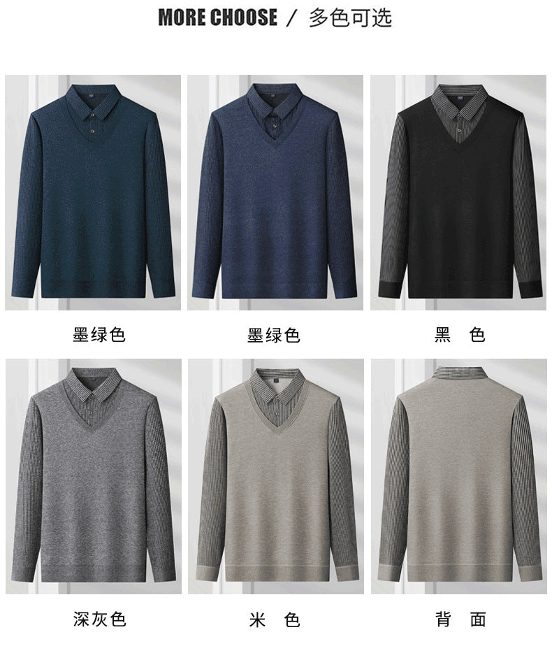 Spring, autumn and winter fashion fake two-piece long-sleeved T-shirt men's trendy casual shirt shirt collar personalized bottoming shirt top