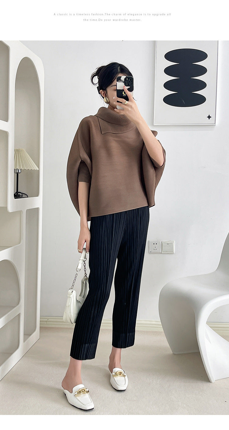 2026 Pleated Lapel Batwing Sleeve Top for Women, Spring and Autumn Style, Loose Fit, Plus Size, Long Sleeve, Pleated Solid Color Base Shirt T-Shirt