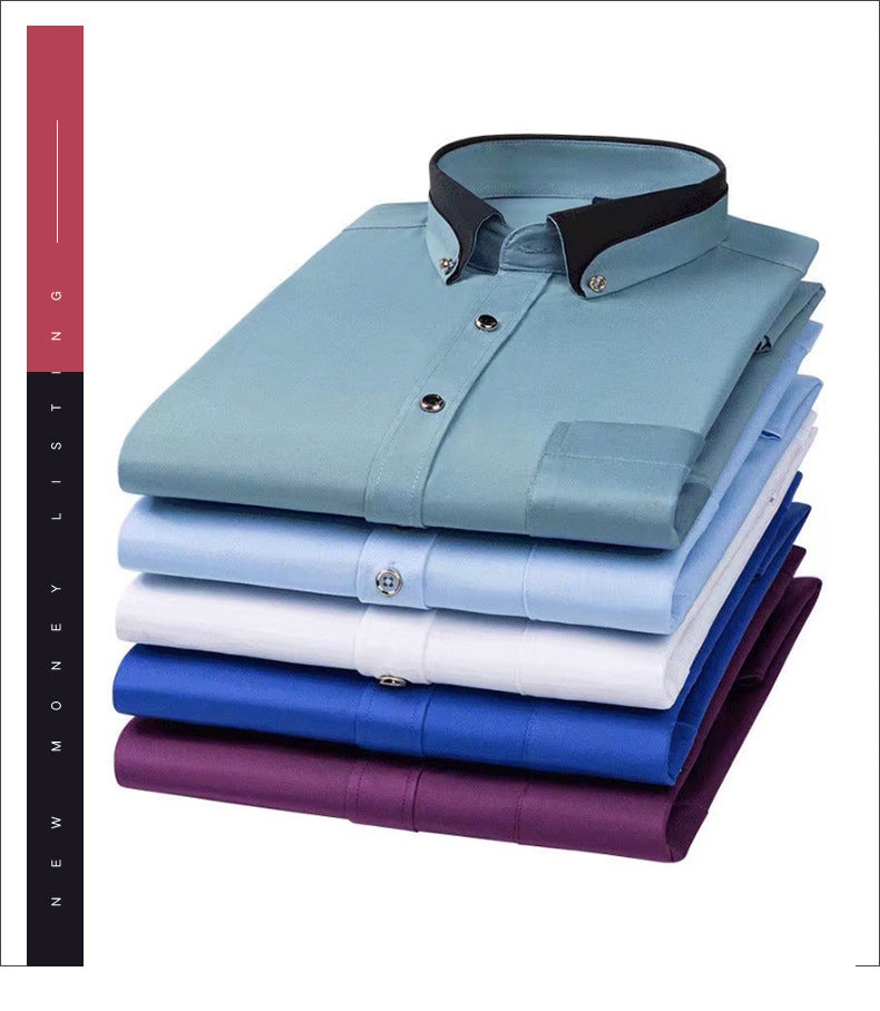 Business Shirts, Long-Sleeved Men's Shirts, No-Iron, Four-Way Stretch, Diamond Button Shirts, Men's Long-Sleeved Shirts