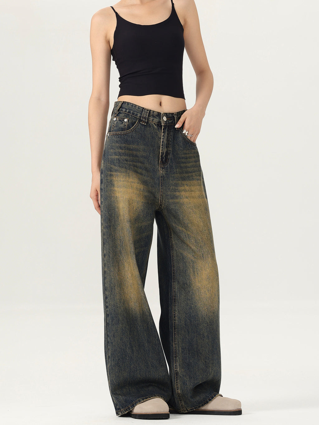 LKTM Men's# American Street Retro Mud Dyed Old Jeans Men's and Women's Trendy Brand Loose Straight Pants