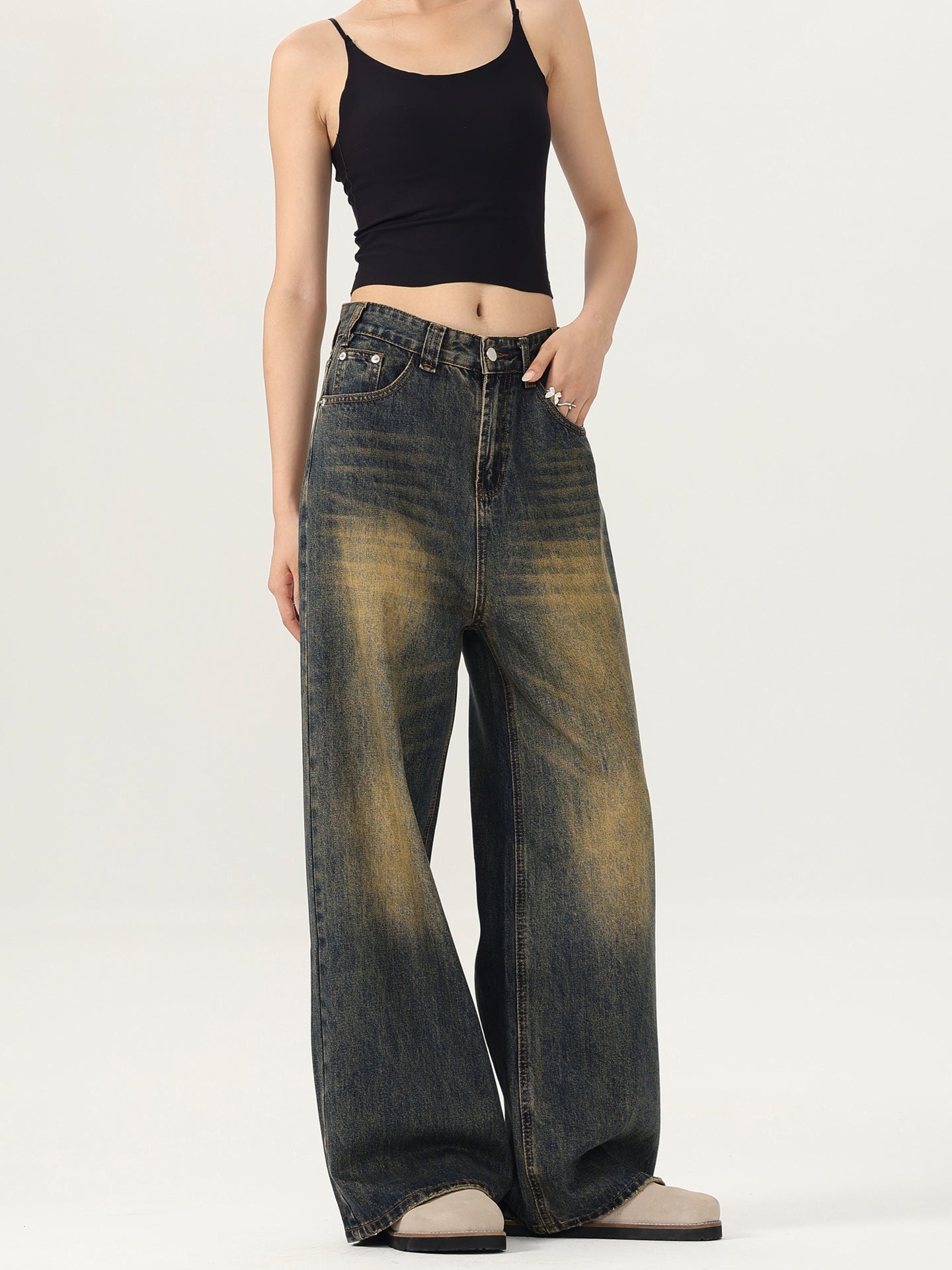 LKTM Men's# American Street Retro Mud Dyed Old Jeans Men's and Women's Trendy Brand Loose Straight Pants