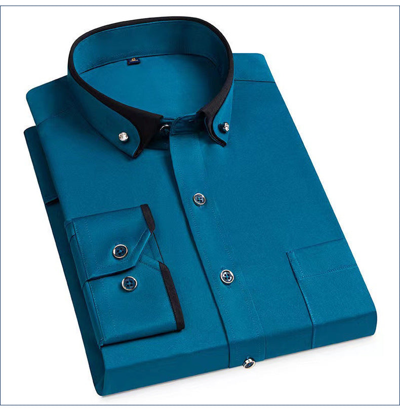 Business Shirts, Long-Sleeved Men's Shirts, No-Iron, Four-Way Stretch, Diamond Button Shirts, Men's Long-Sleeved Shirts
