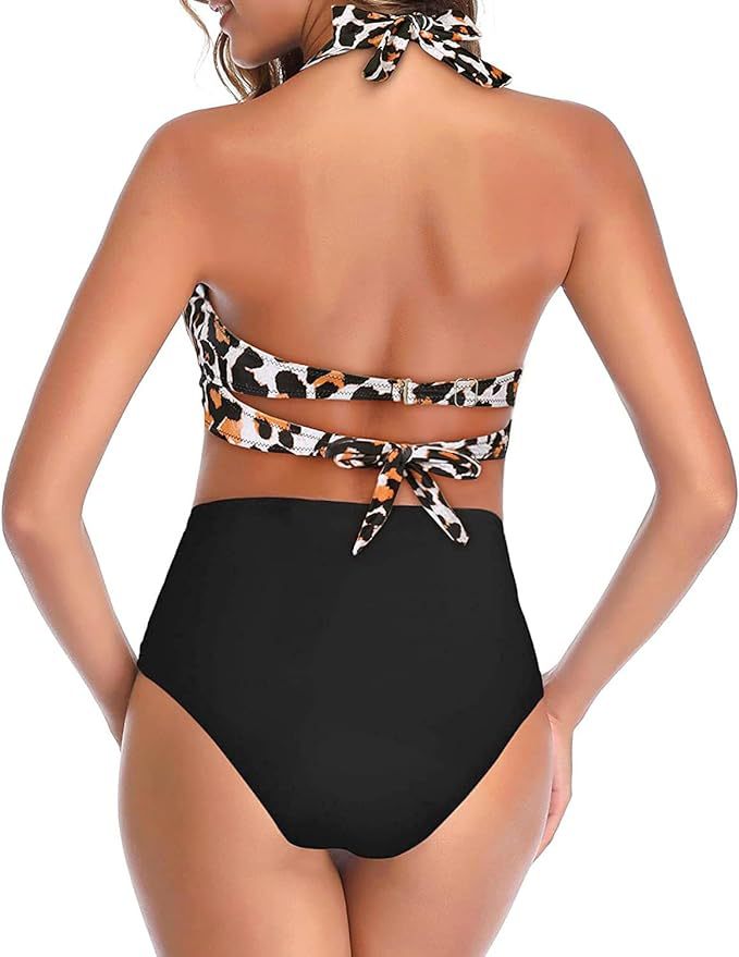 New Amazon Cross-border High Waist Neck Printed Strap Tankini Split Swimsuit European and American Slim Bikini