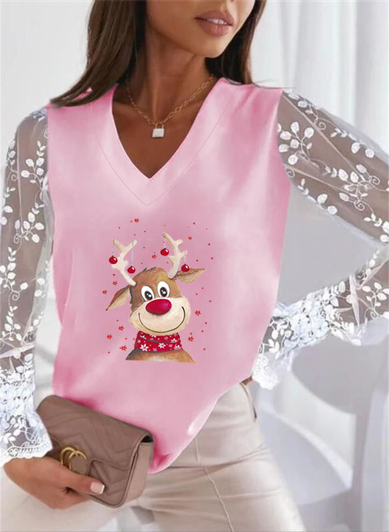 Autumn and Winter New Christmas Personalized Print European and American Cross-border Lace All-match Long-sleeved Women's T-shirt Top